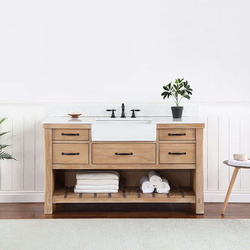 Villareal 60" Single Bath Vanity with Composite Stone Top in White, White Farmhouse Basin