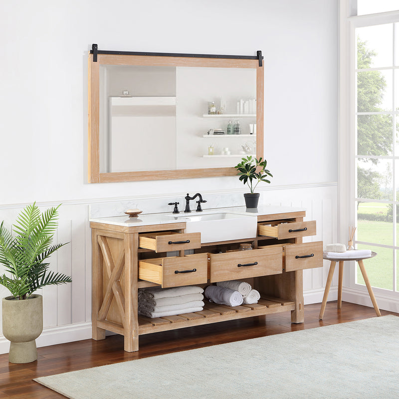 Villareal 60" Single Bath Vanity with Composite Stone Top in White, White Farmhouse Basin