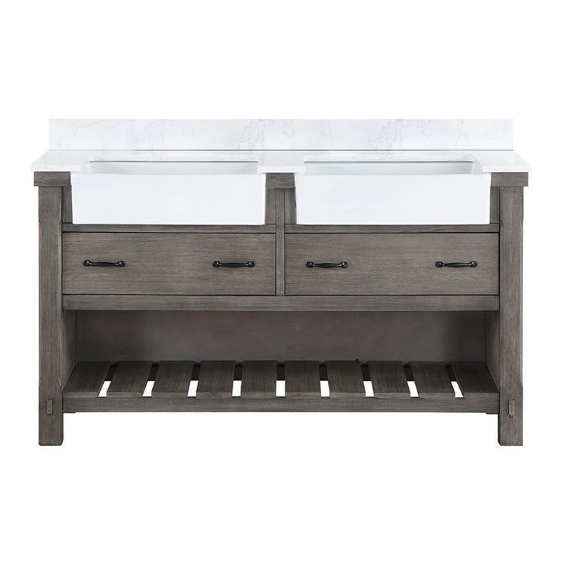 Villareal 60" Double Bath Vanity with Composite Stone Top in White, White Farmhouse Basin