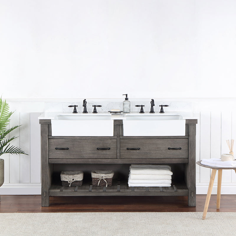 Villareal 60" Double Bath Vanity with Composite Stone Top in White, White Farmhouse Basin