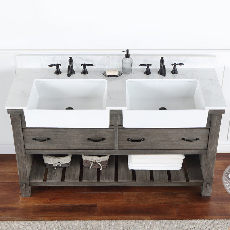 Villareal 60" Double Bath Vanity with Composite Stone Top in White, White Farmhouse Basin