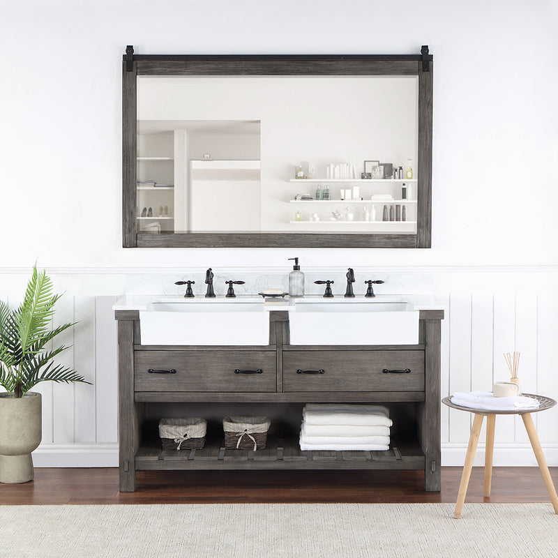 Villareal 60" Double Bath Vanity with Composite Stone Top in White, White Farmhouse Basin