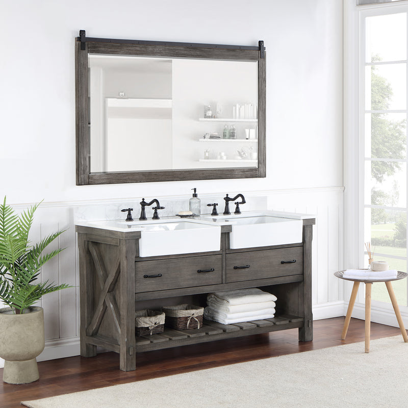 Villareal 60" Double Bath Vanity with Composite Stone Top in White, White Farmhouse Basin