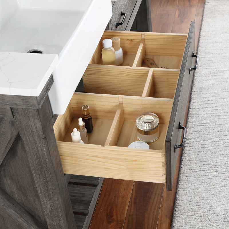 Villareal 60" Double Bath Vanity with Composite Stone Top in White, White Farmhouse Basin