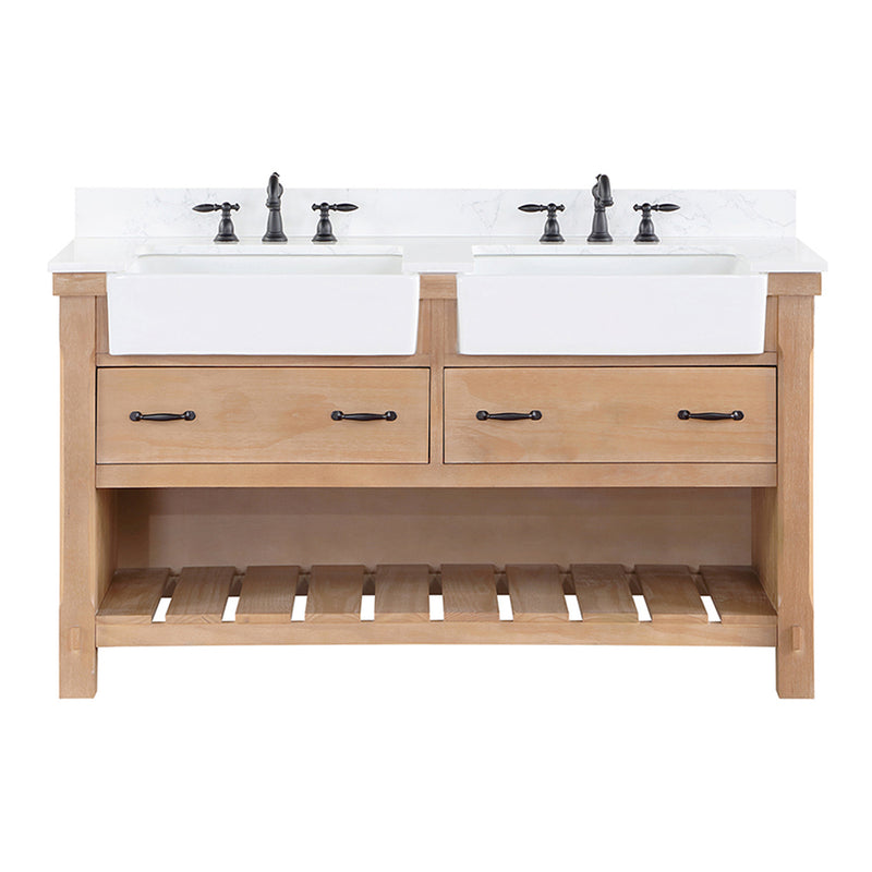 Villareal 60" Double Bath Vanity with Composite Stone Top in White, White Farmhouse Basin