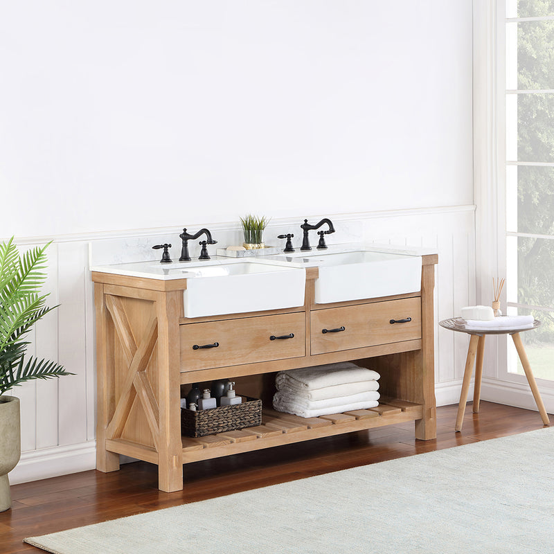 Villareal 60" Double Bath Vanity with Composite Stone Top in White, White Farmhouse Basin