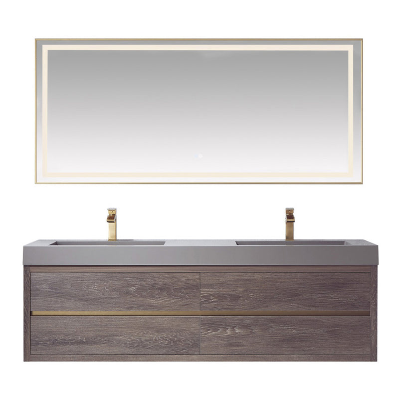 Vinnova Design Palencia 72" Double Sink Wall-Mount Bath Vanity in North Carolina Oak with Grey Composite Integral Square Sink Top and Mirror