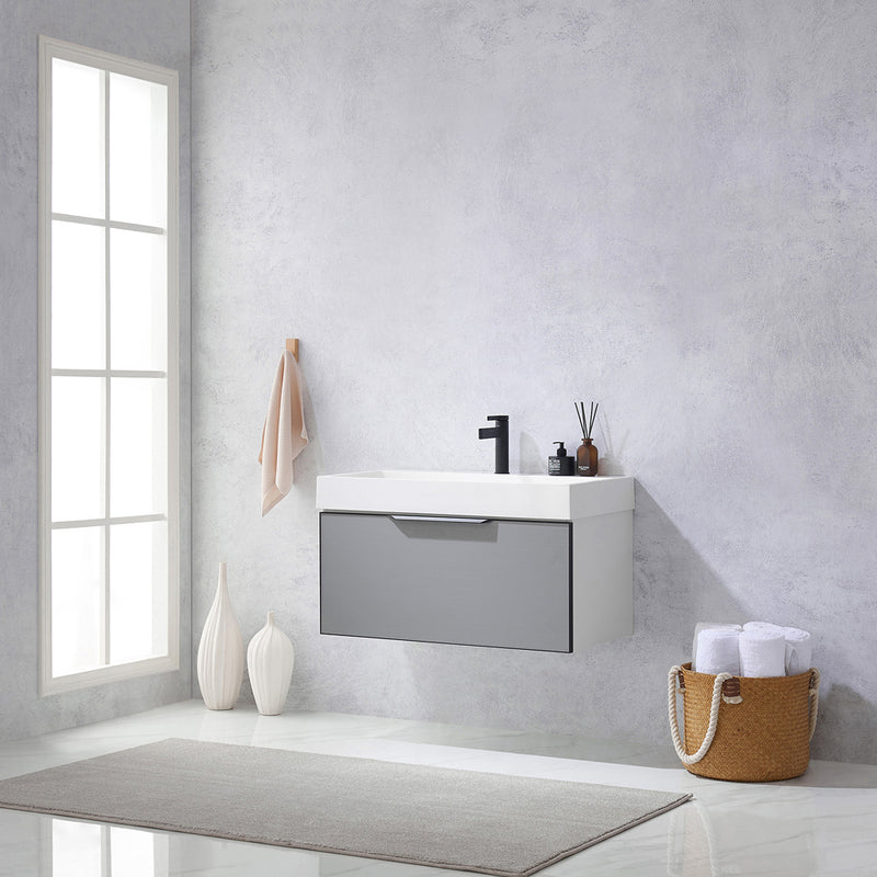 Vinnova Design Vegadeo 36" Single Sink Bath Vanity in Grey with White One-Piece Composite Stone Sink Top and Mirror