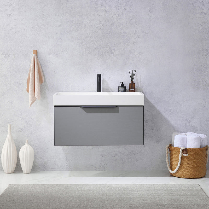 Vinnova Design Vegadeo 36" Single Sink Bath Vanity in Grey with White One-Piece Composite Stone Sink Top and Mirror