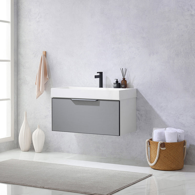 Vinnova Design Vegadeo 36" Single Sink Bath Vanity in Grey with White One-Piece Composite Stone Sink Top and Mirror