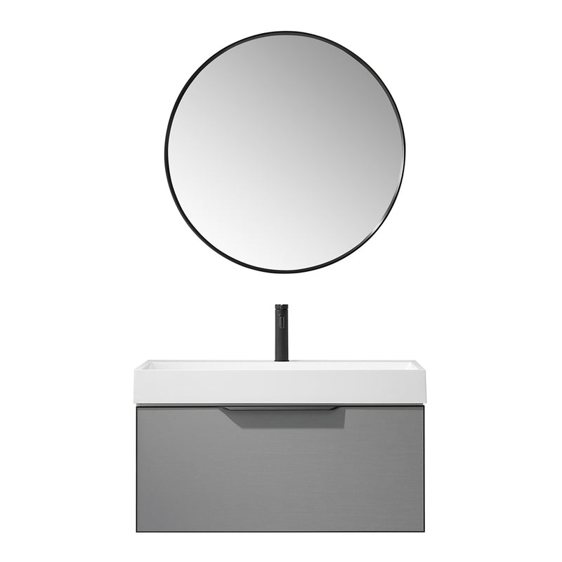 Vinnova Design Vegadeo 36" Single Sink Bath Vanity in Grey with White One-Piece Composite Stone Sink Top and Mirror