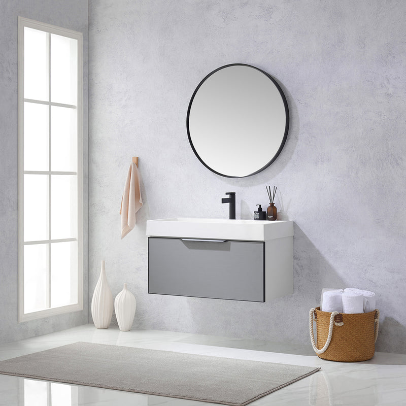 Vinnova Design Vegadeo 36" Single Sink Bath Vanity in Grey with White One-Piece Composite Stone Sink Top and Mirror