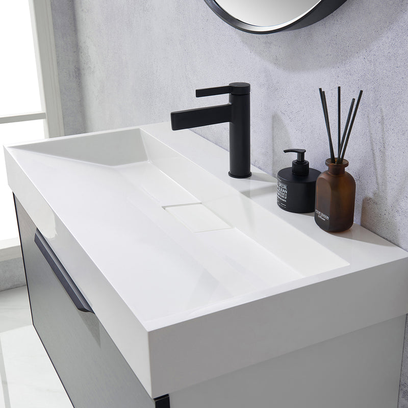 Vinnova Design Vegadeo 36" Single Sink Bath Vanity in Grey with White One-Piece Composite Stone Sink Top and Mirror