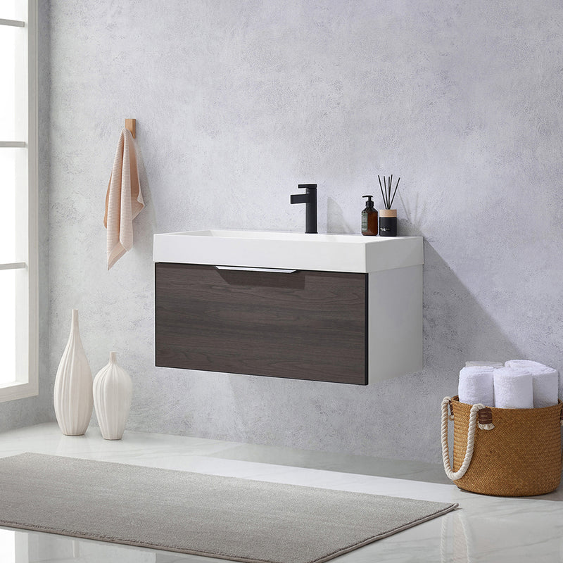 Vinnova Design Vegadeo 36" Single Sink Bath Vanity in Grey with White One-Piece Composite Stone Sink Top and Mirror