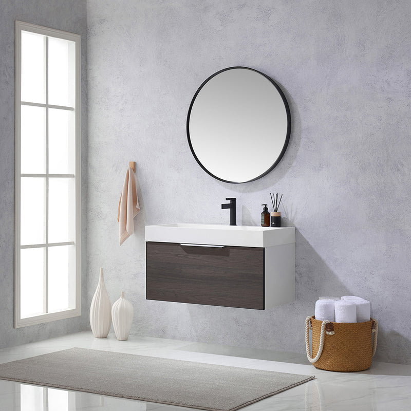 Vinnova Design Vegadeo 36" Single Sink Bath Vanity in Grey with White One-Piece Composite Stone Sink Top and Mirror