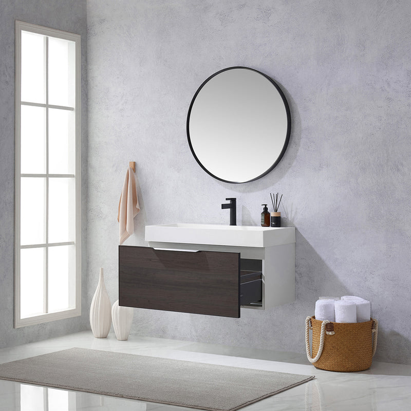 Vinnova Design Vegadeo 36" Single Sink Bath Vanity in Grey with White One-Piece Composite Stone Sink Top and Mirror