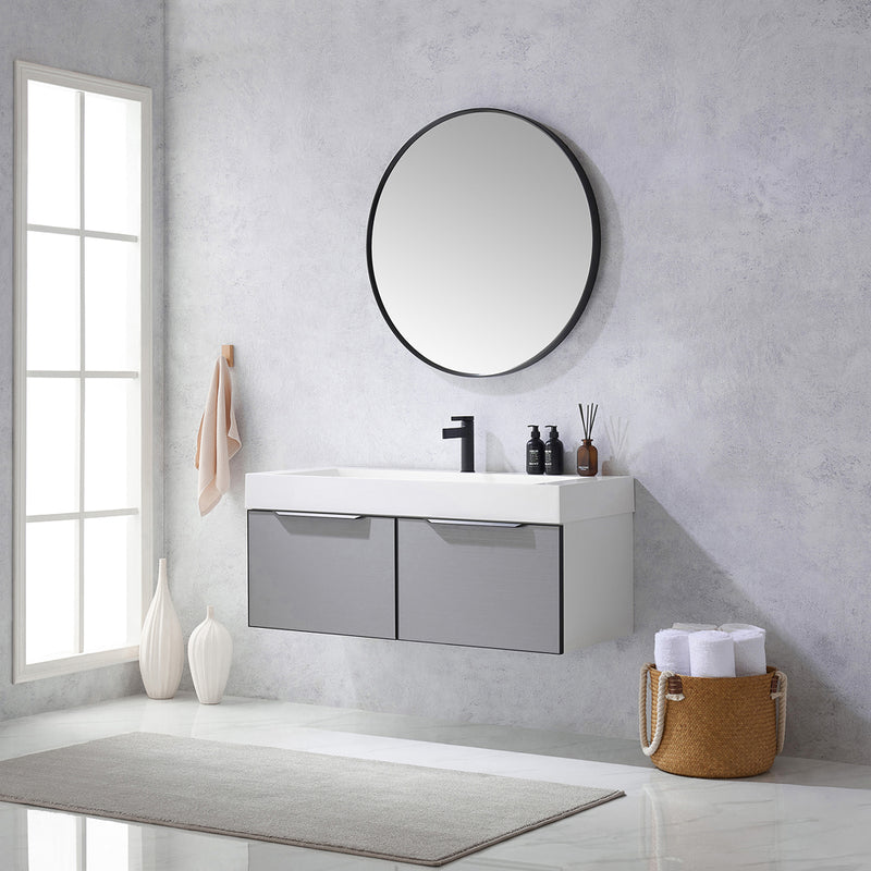 Vinnova Design Vegadeo 48" Single Sink Bath Vanity in Grey with White One-Piece Composite Stone Sink Top and Mirror