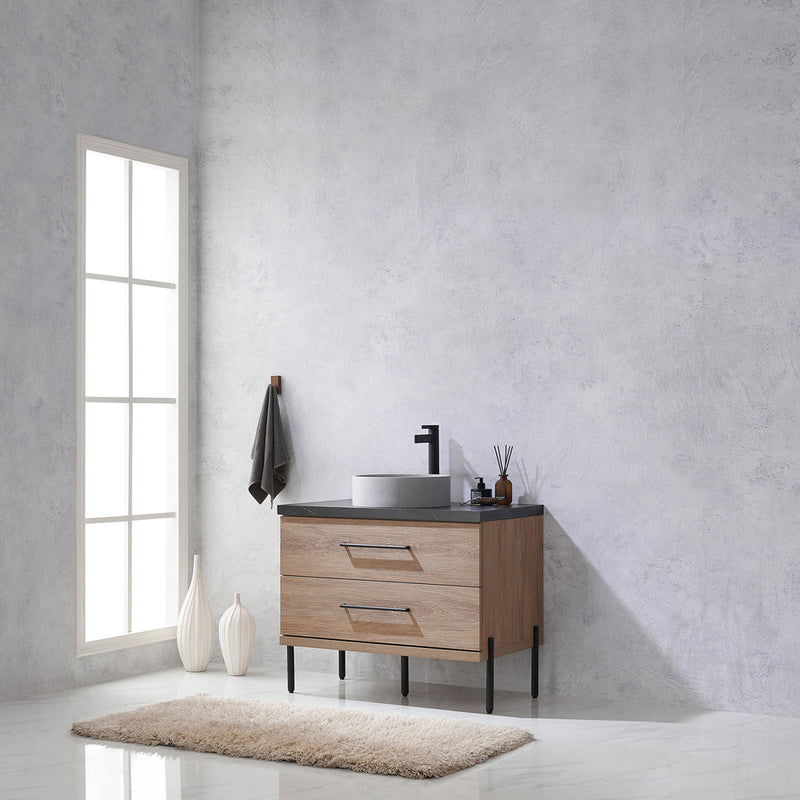 Trento 36" Single Sink-C Bath Vanity in North American Oak with Black Sintered Stone Top with Circular Concrete Sink