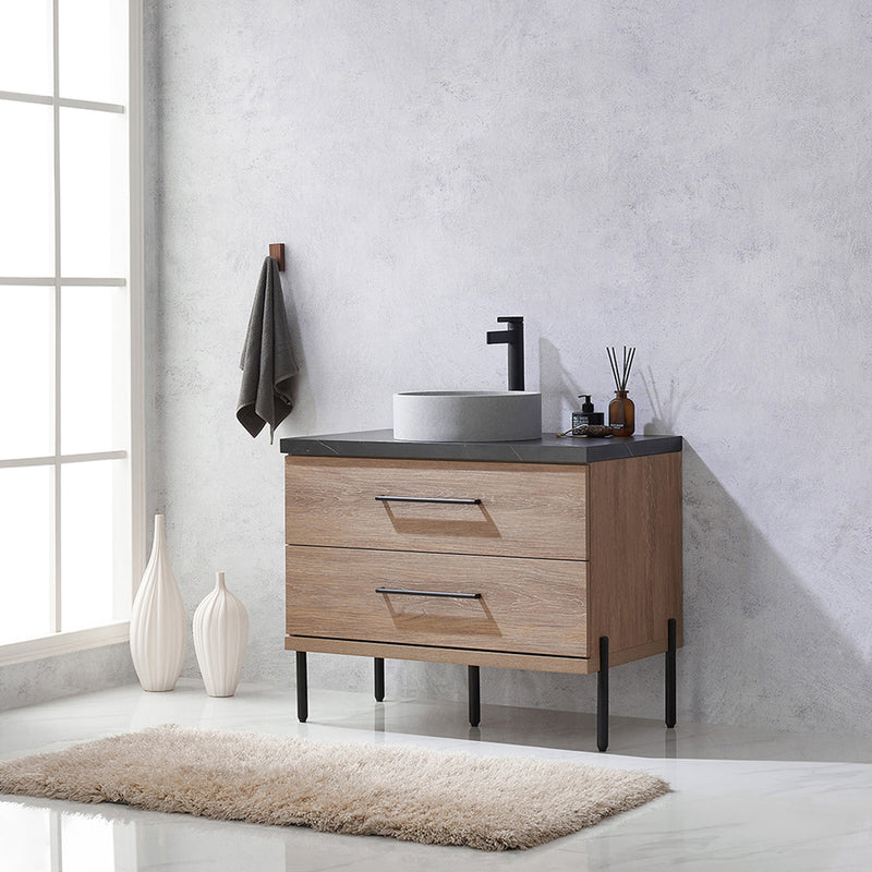 Trento 36" Single Sink-C Bath Vanity in North American Oak with Black Sintered Stone Top with Circular Concrete Sink