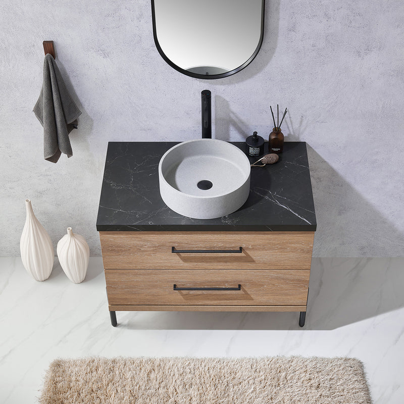 Trento 36" Single Sink-C Bath Vanity in North American Oak with Black Sintered Stone Top with Circular Concrete Sink