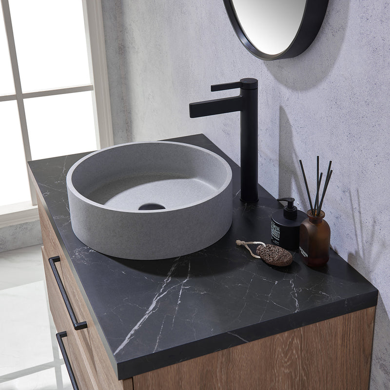 Trento 36" Single Sink-C Bath Vanity in North American Oak with Black Sintered Stone Top with Circular Concrete Sink