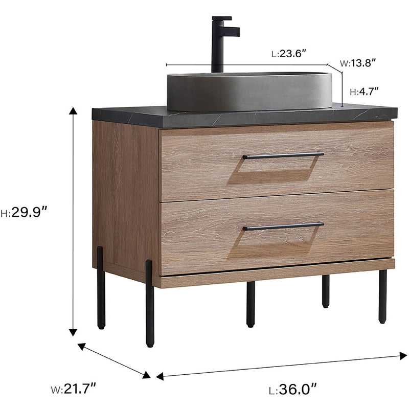 Trento 36" Single Sink-O Bath Vanity in North American Oak with Black Sintered Stone Top with Oval Concrete Sink