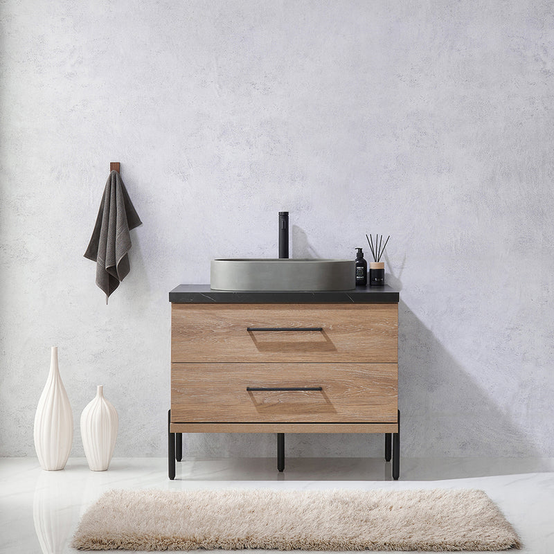 Trento 36" Single Sink-O Bath Vanity in North American Oak with Black Sintered Stone Top with Oval Concrete Sink