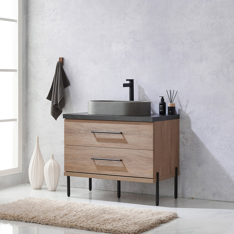 Trento 36" Single Sink-O Bath Vanity in North American Oak with Black Sintered Stone Top with Oval Concrete Sink