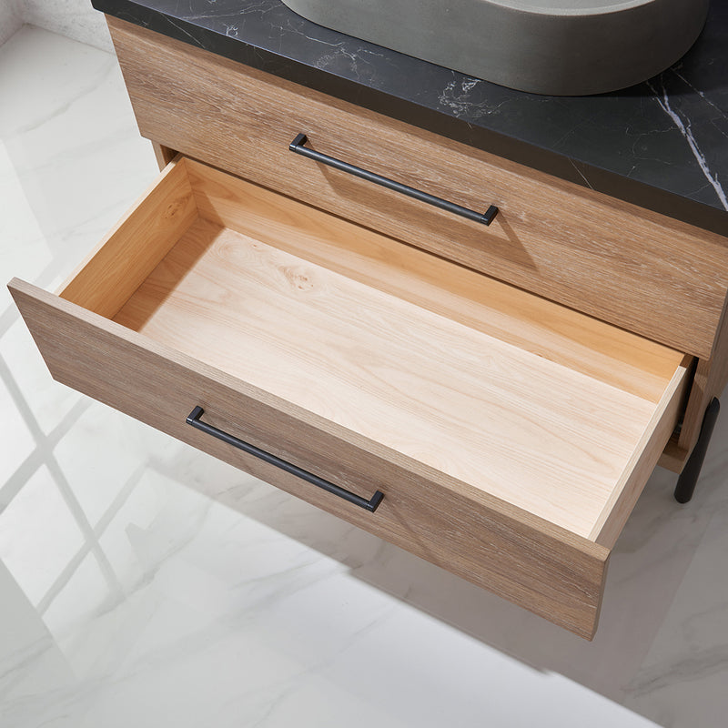 Trento 36" Single Sink-O Bath Vanity in North American Oak with Black Sintered Stone Top with Oval Concrete Sink