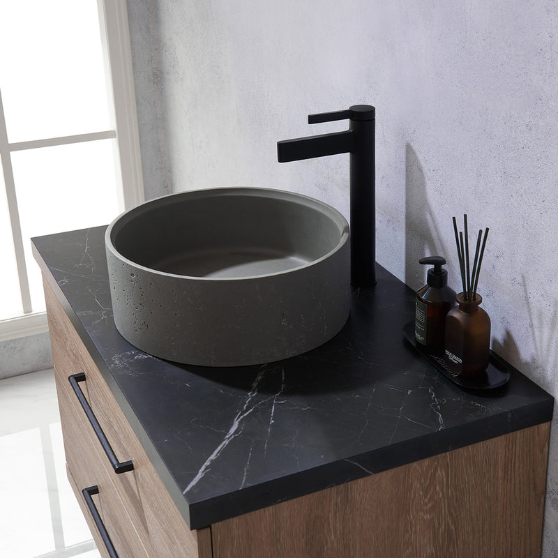 Trento 36" Single Sink-R Bath Vanity in North American Oak with Black Sintered Stone Top with Circular Concrete Sink