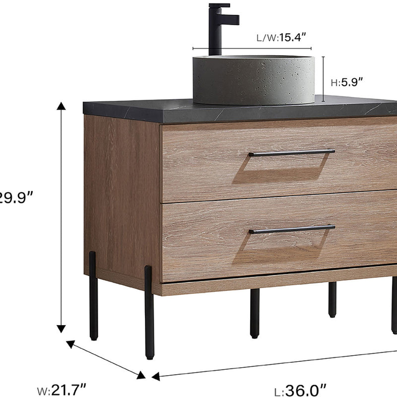 Trento 36" Single Sink-R Bath Vanity in North American Oak with Black Sintered Stone Top with Circular Concrete Sink