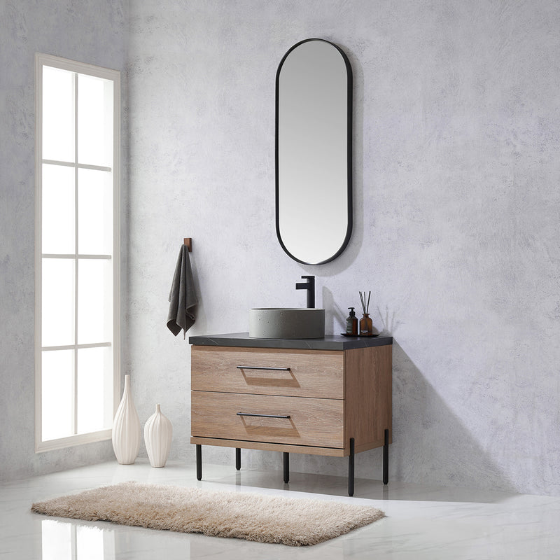 Trento 36" Single Sink-R Bath Vanity in North American Oak with Black Sintered Stone Top with Circular Concrete Sink