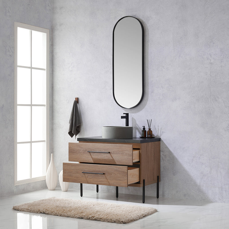 Trento 36" Single Sink-R Bath Vanity in North American Oak with Black Sintered Stone Top with Circular Concrete Sink