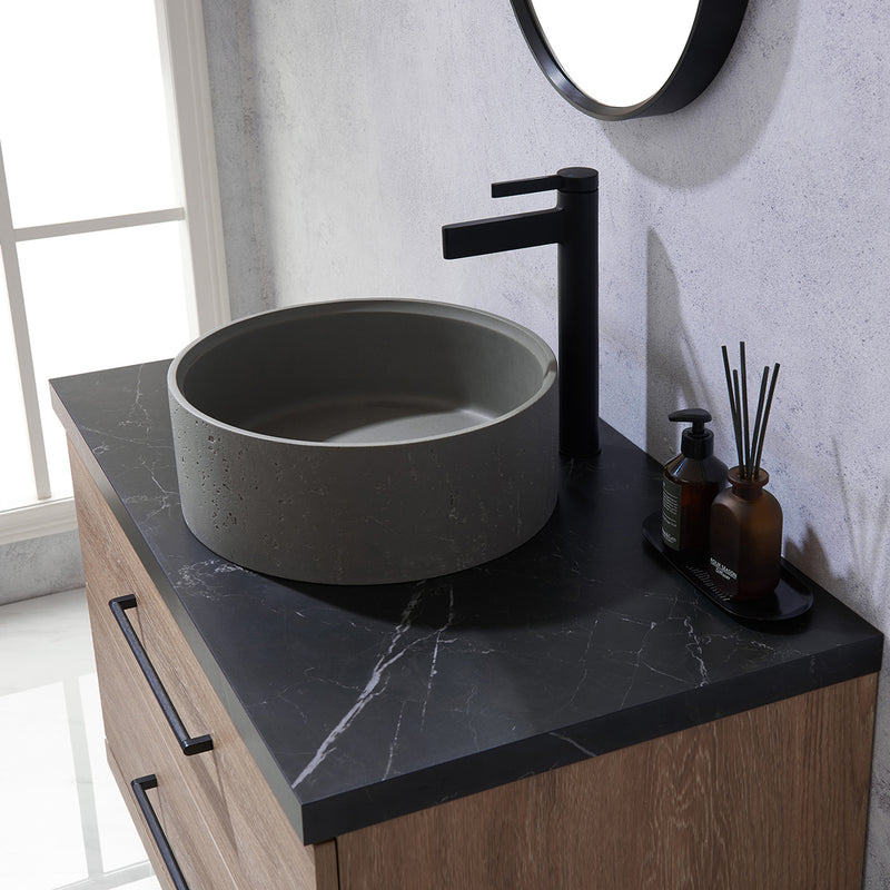 Trento 36" Single Sink-R Bath Vanity in North American Oak with Black Sintered Stone Top with Circular Concrete Sink