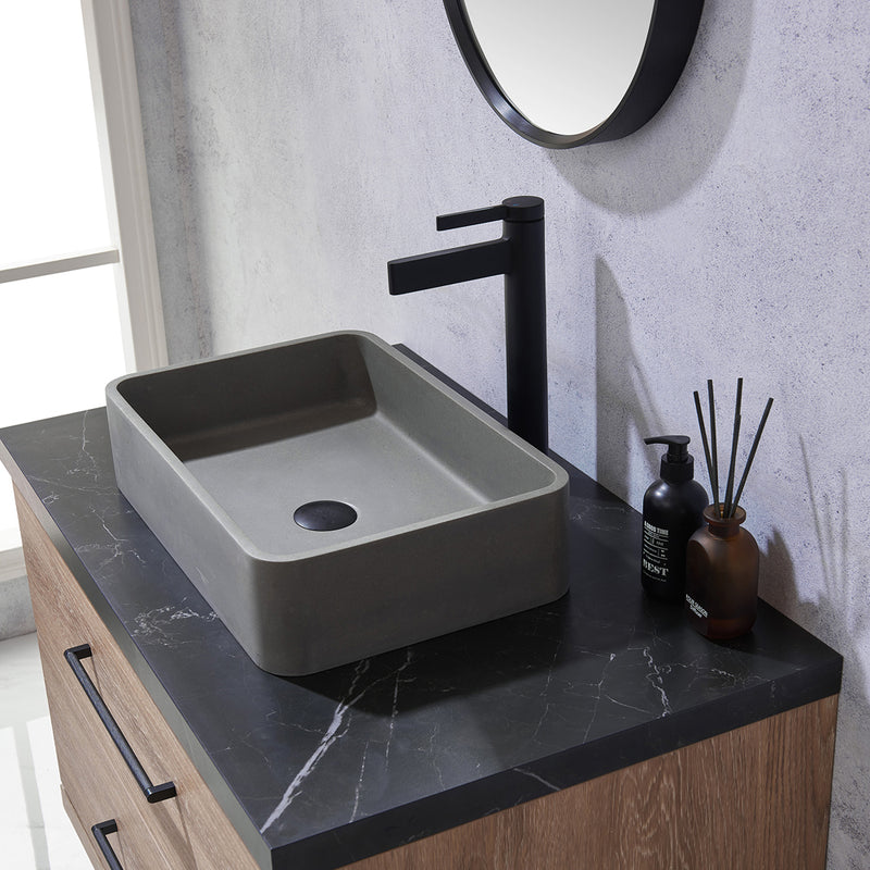 Trento 36" Single Sink-S Bath Vanity in North American Oak with Black Sintered Stone Top with Rectangular Concrete Sink