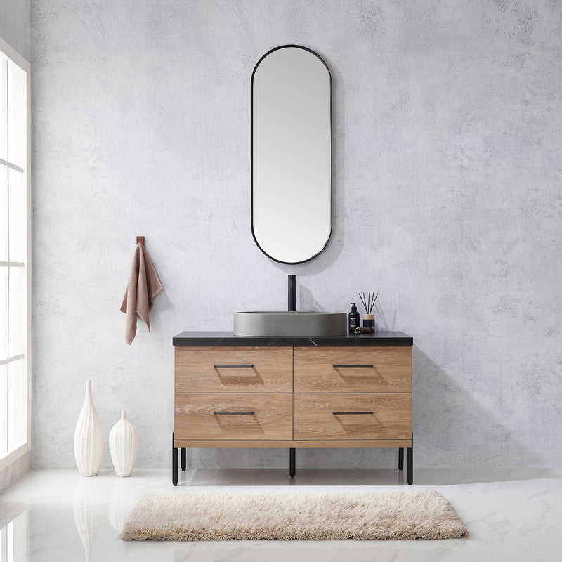 Trento 48" Single Sink-Bath Vanity in North American Oak with Black Sintered Stone Top Oval Concrete Sink