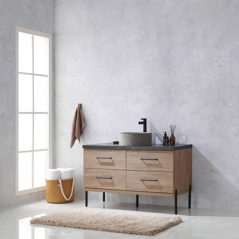 Trento 48" Single Sink-Bath Vanity in North American Oak with Black Sintered Stone Top Circular Concrete Sink