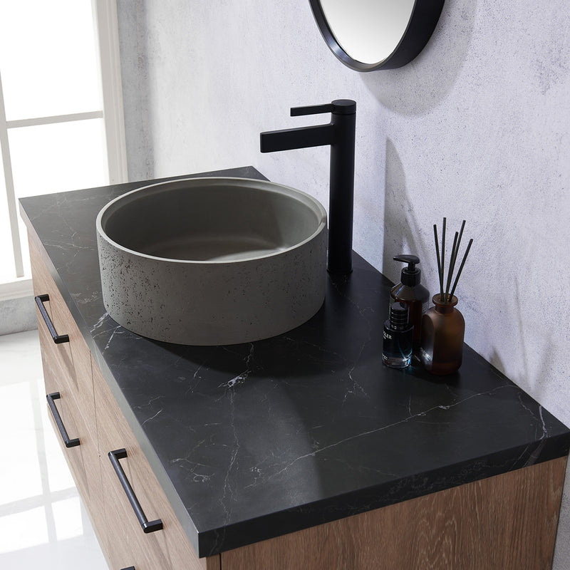 Trento 48" Single Sink-Bath Vanity in North American Oak with Black Sintered Stone Top Circular Concrete Sink