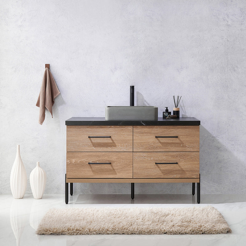 Trento 48" Single Sink-Bath Vanity in North American Oak with Black Sintered Stone Top Rectangular Concrete Sink