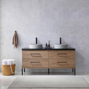 Trento 60" Double Sink-C Bath Vanity in North American Oak with Black Sintered Stone Top Circular Concrete Sink