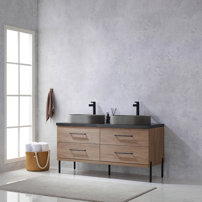 Trento 60" Double Sink-O Bath Vanity in North American Oak with Black Sintered Stone Top Oval Concrete Sink