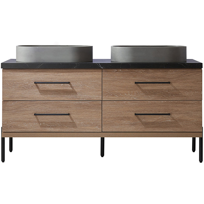 Trento 60" Double Sink-O Bath Vanity in North American Oak with Black Sintered Stone Top Oval Concrete Sink