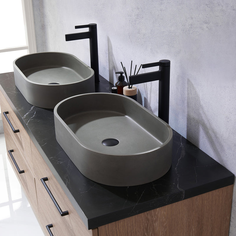 Trento 60" Double Sink-O Bath Vanity in North American Oak with Black Sintered Stone Top Oval Concrete Sink