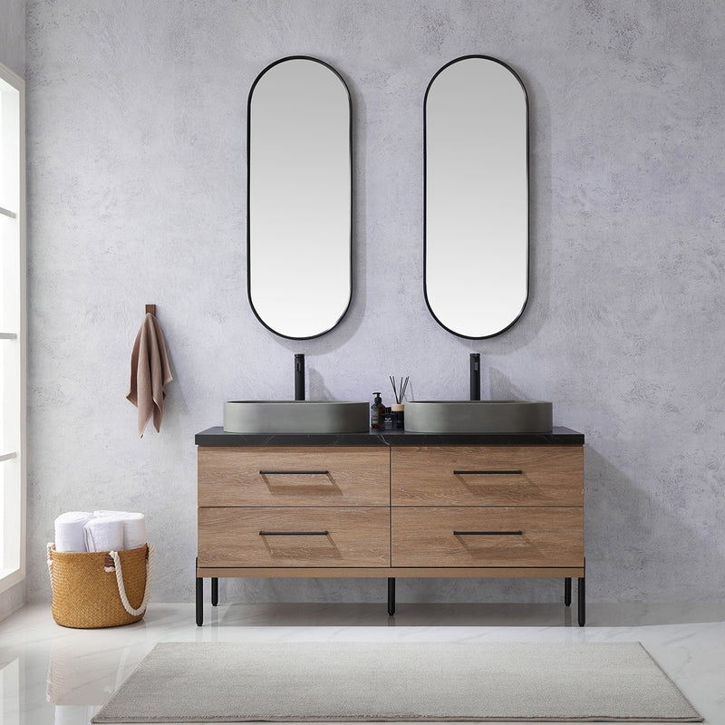 Trento 60" Double Sink-O Bath Vanity in North American Oak with Black Sintered Stone Top Oval Concrete Sink