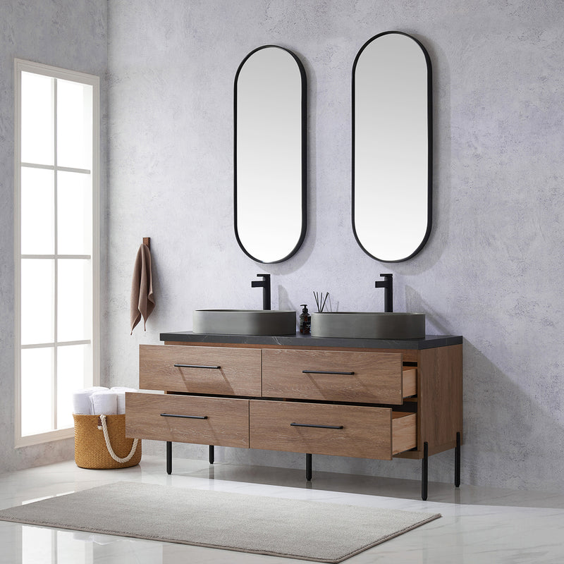 Trento 60" Double Sink-O Bath Vanity in North American Oak with Black Sintered Stone Top Oval Concrete Sink