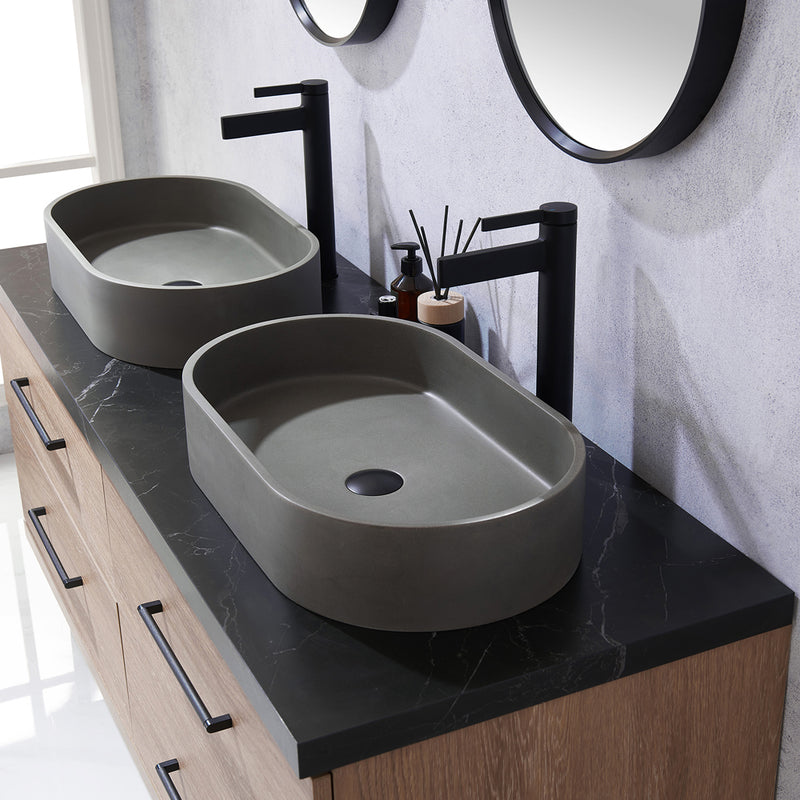 Trento 60" Double Sink-O Bath Vanity in North American Oak with Black Sintered Stone Top Oval Concrete Sink