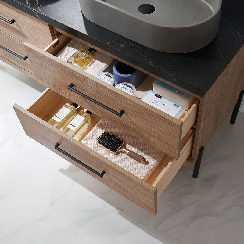 Trento 60" Double Sink-O Bath Vanity in North American Oak with Black Sintered Stone Top Oval Concrete Sink