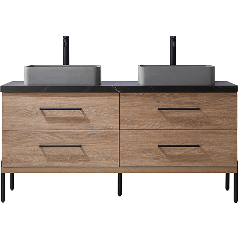 Trento 60" Double Sink-Bath Vanity in North American Oak with Black Sintered Stone Top Rectangular Concrete Sink