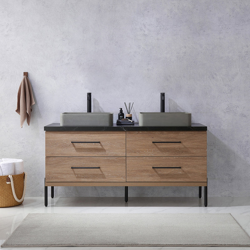 Trento 60" Double Sink-Bath Vanity in North American Oak with Black Sintered Stone Top Rectangular Concrete Sink