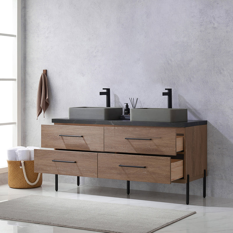 Trento 60" Double Sink-Bath Vanity in North American Oak with Black Sintered Stone Top Rectangular Concrete Sink